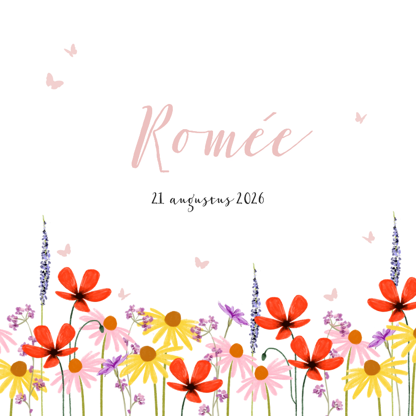 Geboortekaartjes - Lief geboortekaartje met veldbloemen en vlindertjes