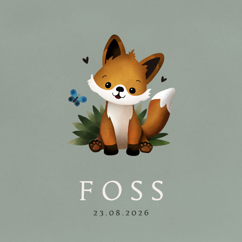 Lief geboortekaartje met vos illustratie en vlindertje - Geboortekaartjes Geboortekaartjes - Lief geboortekaartje met vos illustratie en vlindertje