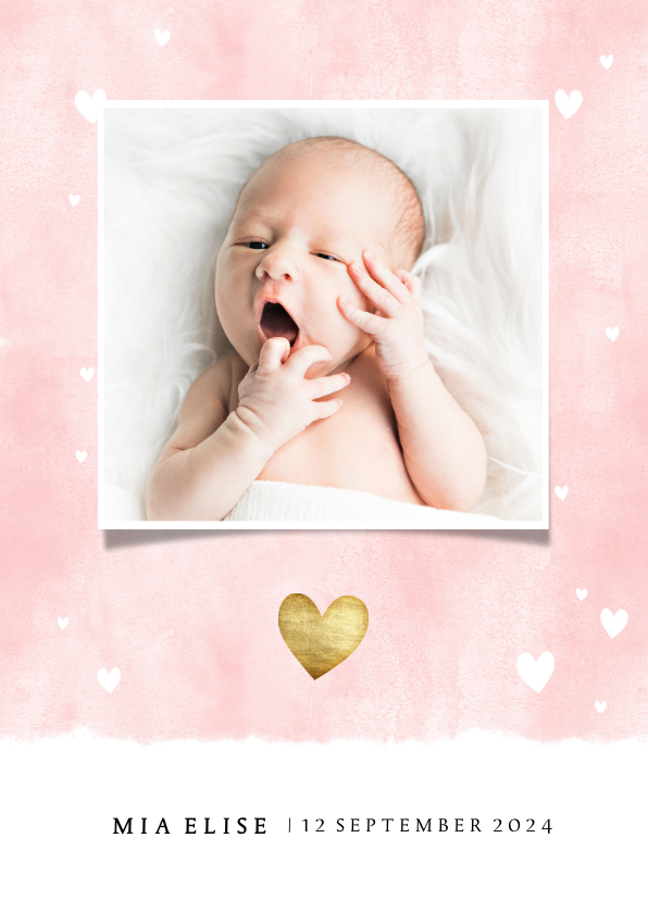 Geboortekaartjes - Lief geboortekaartje met waterverf achtergrond en hartjes