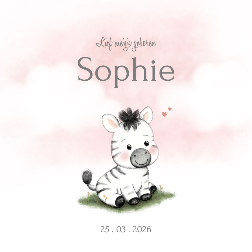 Geboortekaartjes - Lief geboortekaartje met zebra en roze wolken