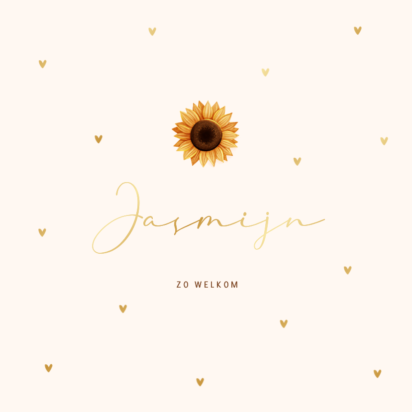 Geboortekaartjes - Lief geboortekaartje met zonnebloem en hartjespatroon