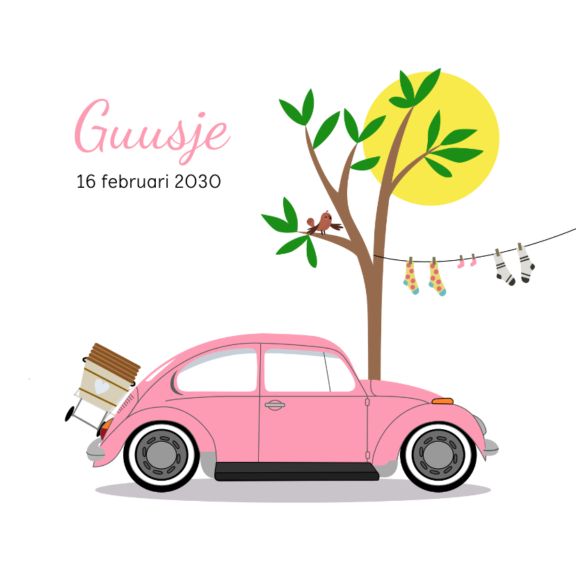 Lief geboortekaartje roze vw kever - Geboortekaartjes Geboortekaartjes - Lief geboortekaartje roze vw kever