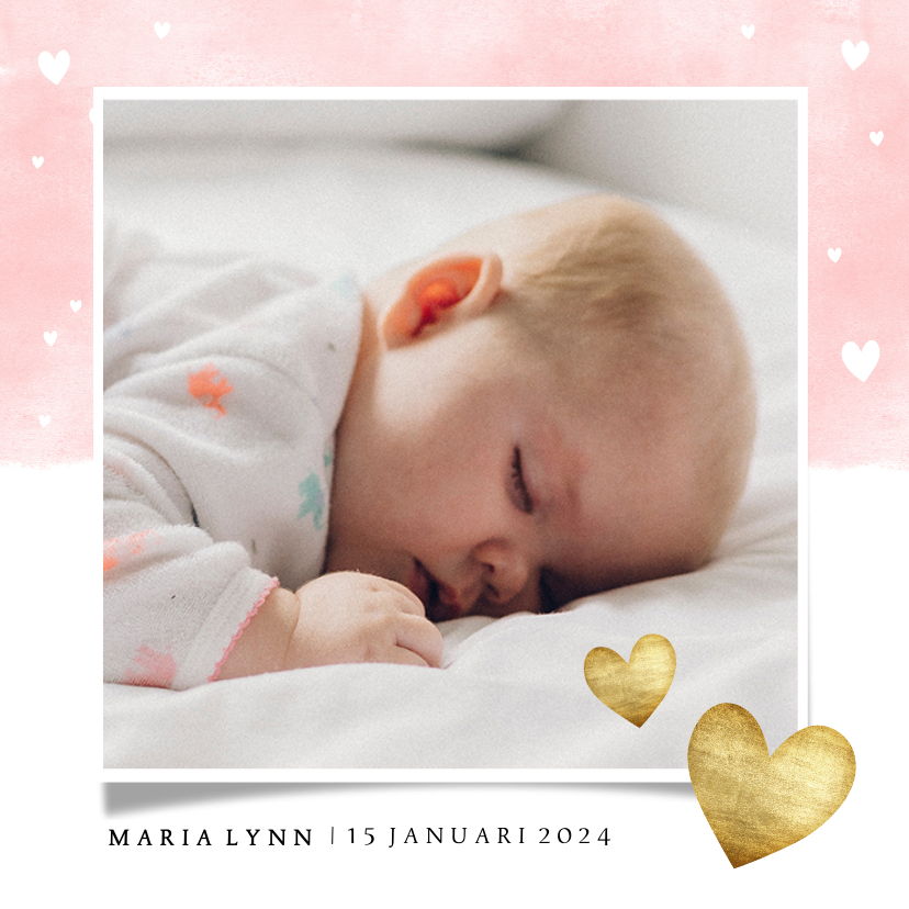 Geboortekaartjes - Lief geboortekaartje roze waterverf gouden hartjes