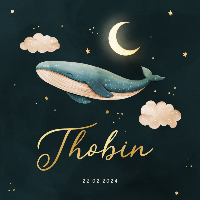 Geboortekaartjes - Lief geboortekaartje walvis met maan en goudfolie sterren
