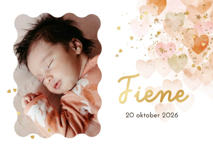 Geboortekaartjes - Lief geboortekaartje watercolor hartjes foto confetti goud