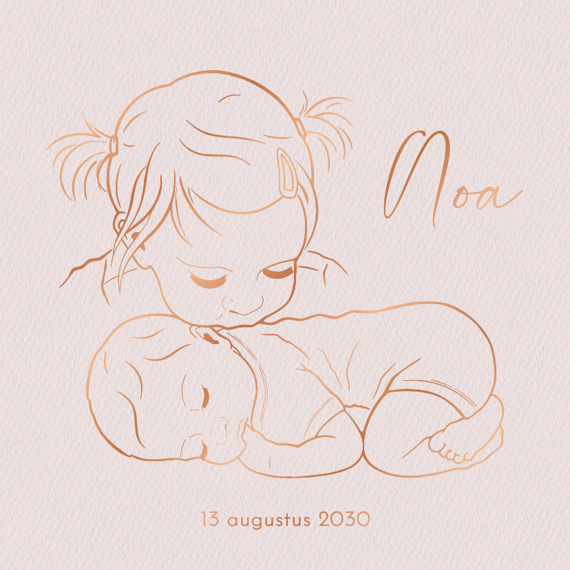 Geboortekaartjes - Lief geboortekaartje zus kust liggend baby’tje – koperfolie