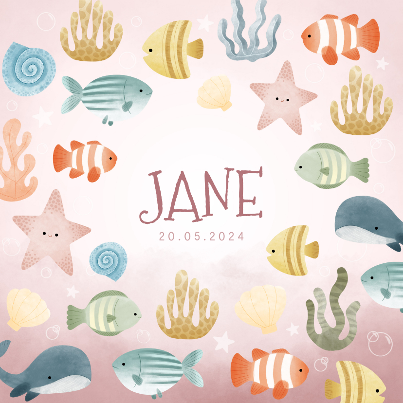 Lief geboortekaartjes met visjes, plantjes, belletjes oceaan - Geboortekaartjes Geboortekaartjes - Lief geboortekaartjes met visjes, plantjes, belletjes oceaan