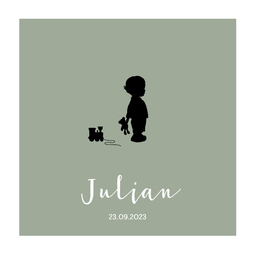 Lief groen geboortekaartje met silhouetje jongen met trein - Geboortekaartjes Geboortekaartjes - Lief groen geboortekaartje met silhouetje jongen met trein