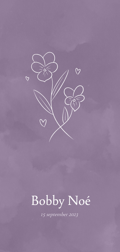 Lila geboortekaartje met viooltje bloem voor februari - Geboortekaartjes Geboortekaartjes - Lila geboortekaartje met viooltje bloem voor februari