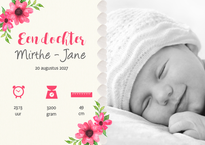 Linnen look met bloemen - DH - Geboortekaartjes Geboortekaartjes - Linnen look met bloemen - DH