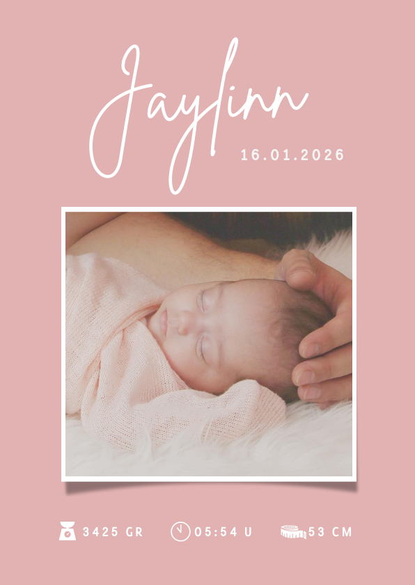 Geboortekaartjes - Minimalistisch roze geboortekaartje meisje met foto en naam