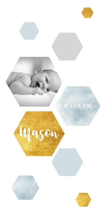 Modern geboortekaartje met waterverf en goudlook zeshoeken - Geboortekaartjes Geboortekaartjes - Modern geboortekaartje met waterverf en goudlook zeshoeken