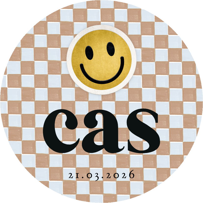 Geboortekaartjes - Origineel geboortekaartje cirkel blokjespatroon smiley patch
