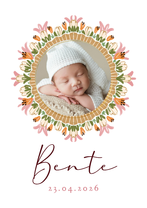 Geboortekaartjes - Origineel geboortekaartje klassiek bloemenkader cirkel foto