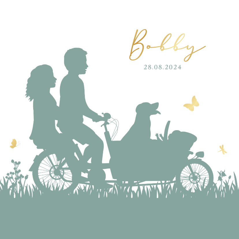 Geboortekaartjes - Origineel geboortekaartje silhouet bakfiets met hond en baby