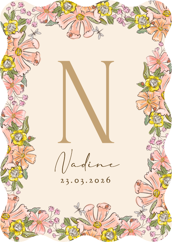 Geboortekaartjes - Origineel geboortekaartje zomerse bloemen kleurrijk libelle