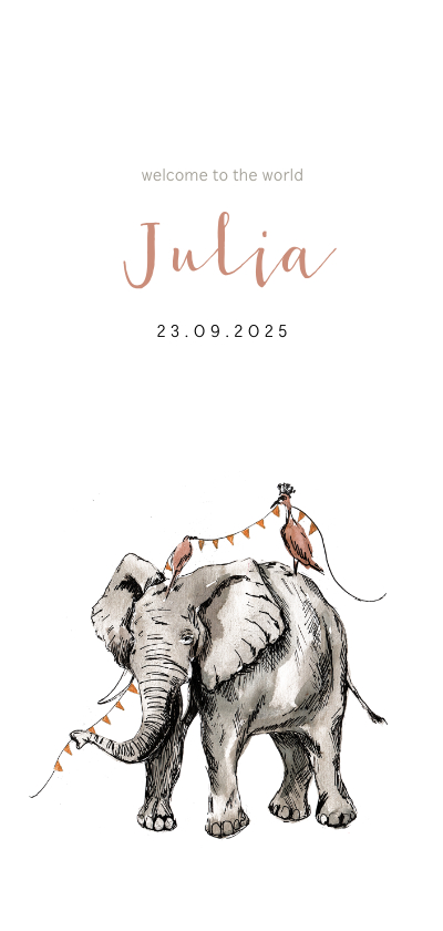 Prachtig geboortekaartje met illustratie van olifant in inkt - Geboortekaartjes Geboortekaartjes - Prachtig geboortekaartje met illustratie van olifant in inkt
