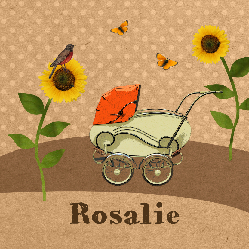 Retro kinderwagen oranje - Geboortekaartjes Geboortekaartjes - Retro kinderwagen oranje
