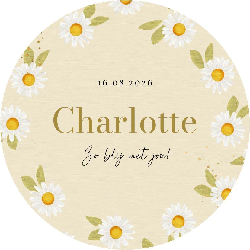 Geboortekaartjes - Rond geboortekaartje madeliefjes waterverf goud spetters