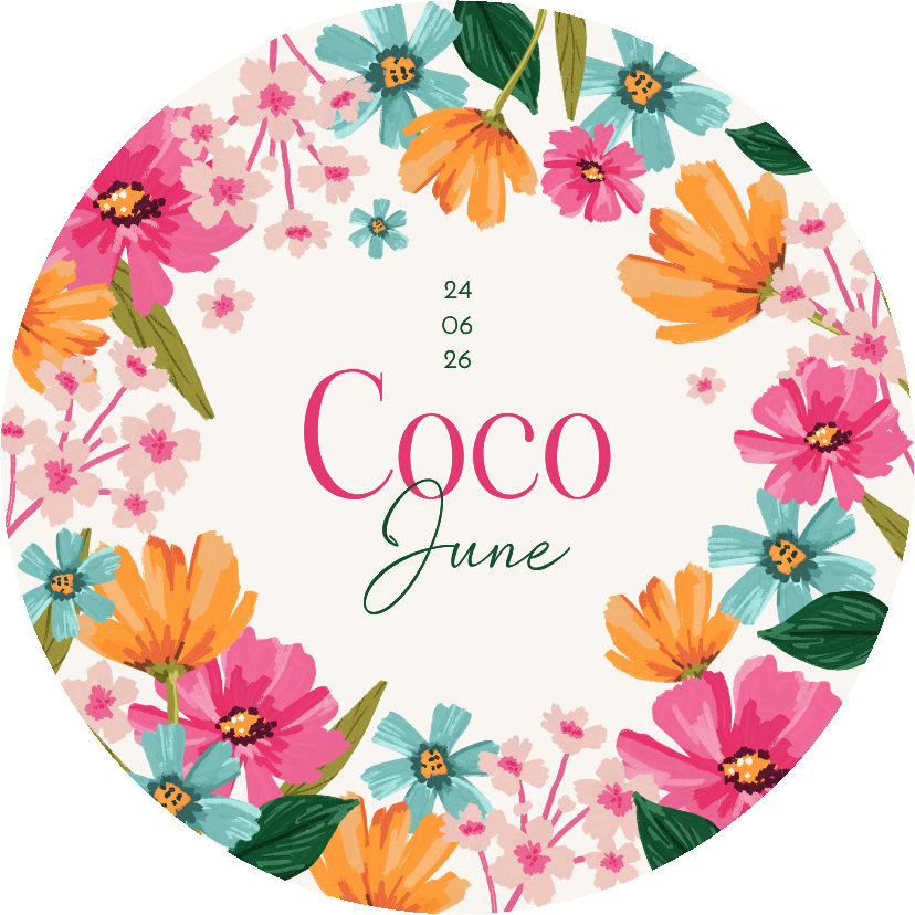 Ronde kaart geboortekaartje meisje bloemen lente zomer kleur - Geboortekaartjes Geboortekaartjes - Ronde kaart geboortekaartje meisje bloemen lente zomer kleur