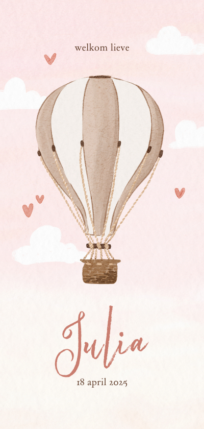 Geboortekaartjes - Roze geboortekaartje met beige luchtballon