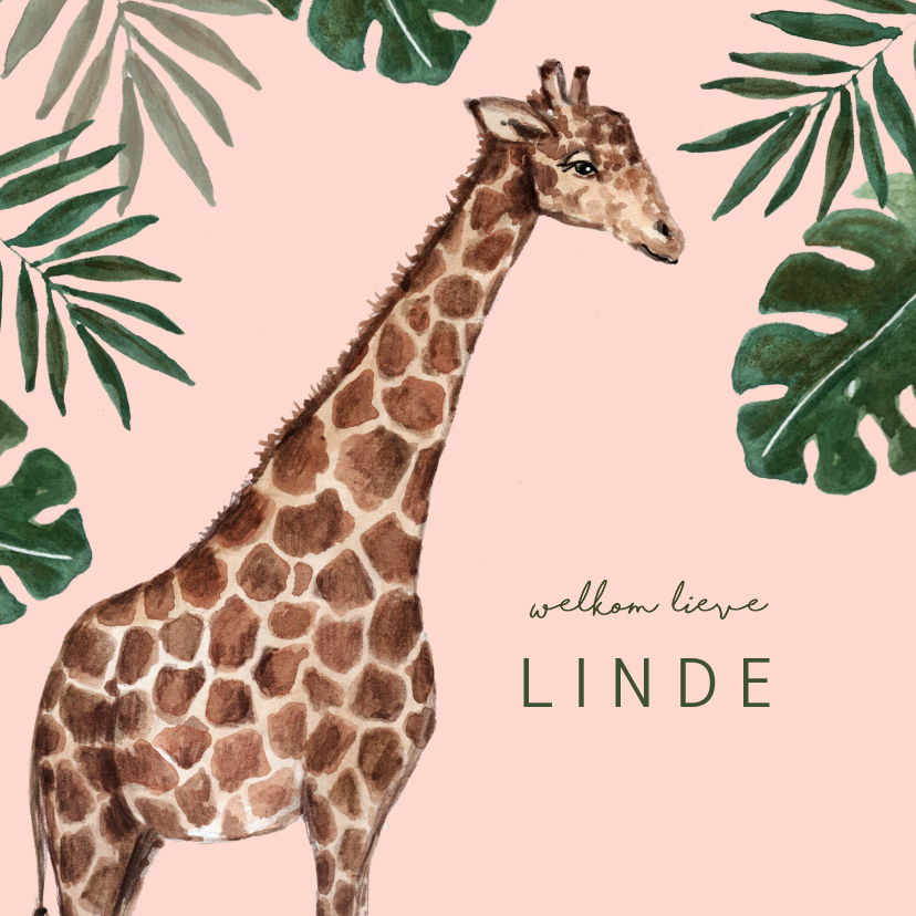 Roze geboortekaartje met giraffe en groene bladeren - Geboortekaartjes Geboortekaartjes - Roze geboortekaartje met giraffe en groene bladeren