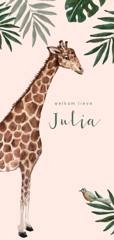 Roze jungle geboortekaartje met giraf en bladeren - Geboortekaartjes Geboortekaartjes - Roze jungle geboortekaartje met giraf en bladeren