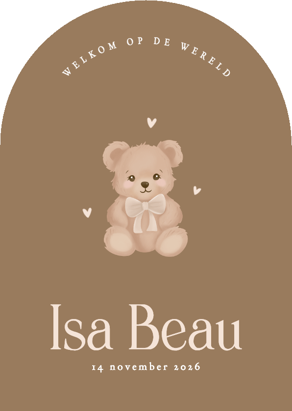 Geboortekaartjes - Schattig bruin geboortekaartje met teddybeertje met strikje 