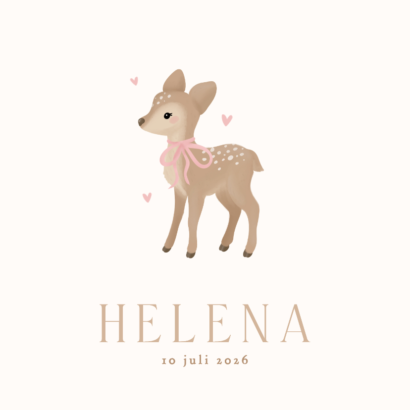 Geboortekaartjes - Schattig geboortekaartje meisje met hertje met strik beige