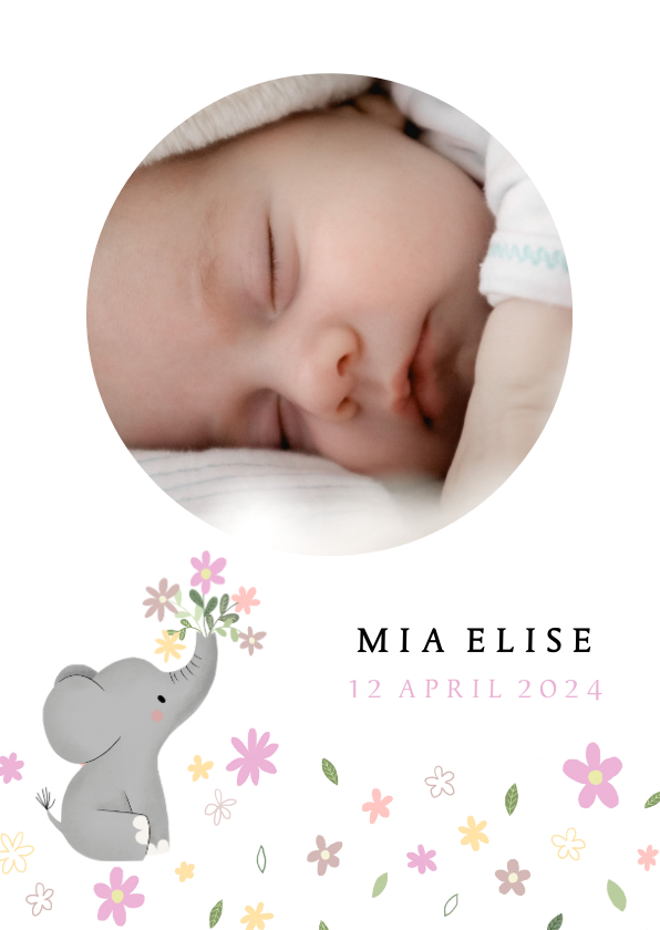 Schattig geboortekaartje met olifantje en bloemetjes - Geboortekaartjes Geboortekaartjes - Schattig geboortekaartje met olifantje en bloemetjes