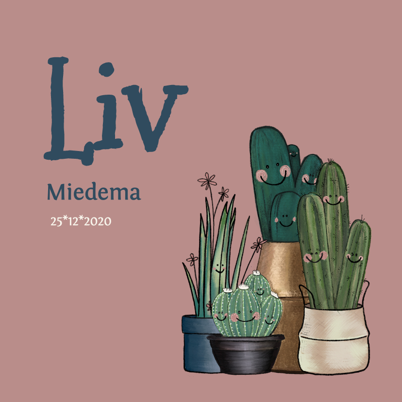 Schattig roze geboortekaartje met cactussen en bloemen - Geboortekaartjes Geboortekaartjes - Schattig roze geboortekaartje met cactussen en bloemen