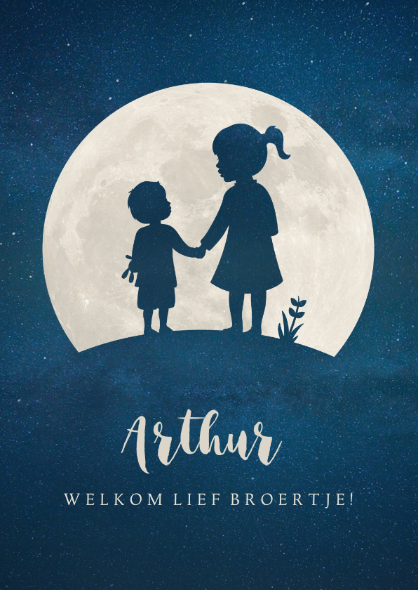 Staand geboortekaartje met silhouet van broer en zus in maan - Geboortekaartjes Geboortekaartjes - Staand geboortekaartje met silhouet van broer en zus in maan