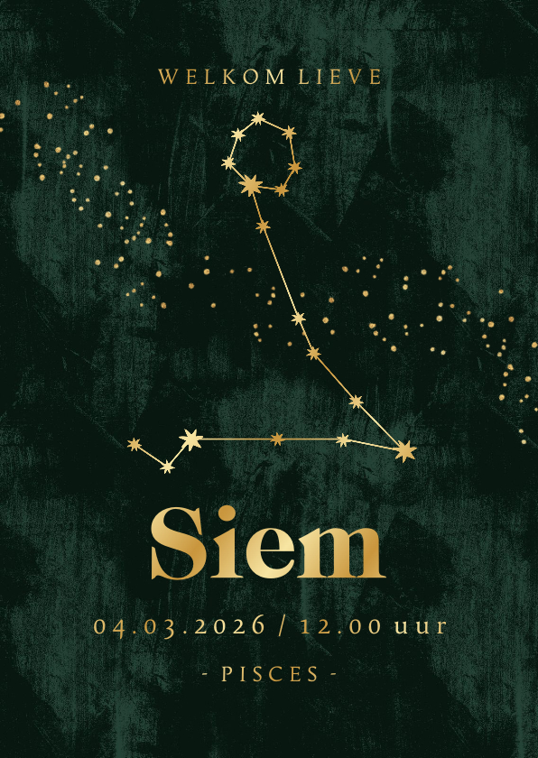 Geboortekaartjes - Stijlvol geboortekaartje sterrenbeeld vissen goud spetters