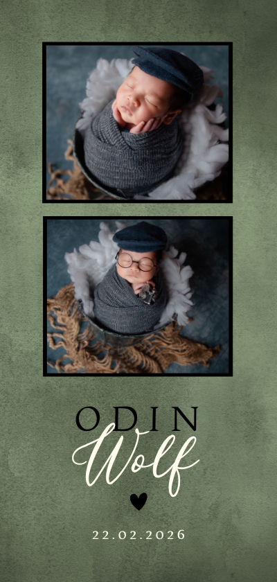 Stoer geboortekaartje met foto's, groene waterverf en hartje - Geboortekaartjes Geboortekaartjes - Stoer geboortekaartje met foto's, groene waterverf en hartje