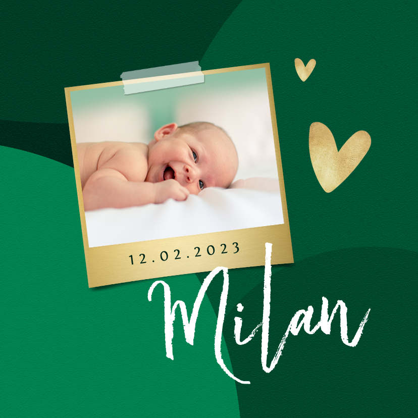 Trendy geboortekaartje stijlvol hartje goud groen foto - Geboortekaartjes Geboortekaartjes - Trendy geboortekaartje stijlvol hartje goud groen foto