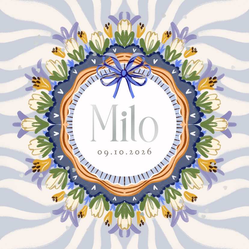 Geboortekaartjes - Trendy geboortekaartje streeppatroon bloemenkader zilver