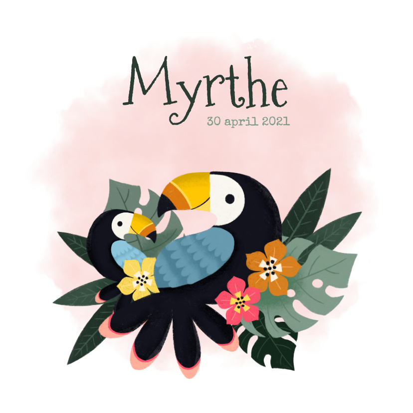 Tropisch geboortekaartje met toekans, plantjes en waterverf - Geboortekaartjes Geboortekaartjes - Tropisch geboortekaartje met toekans, plantjes en waterverf