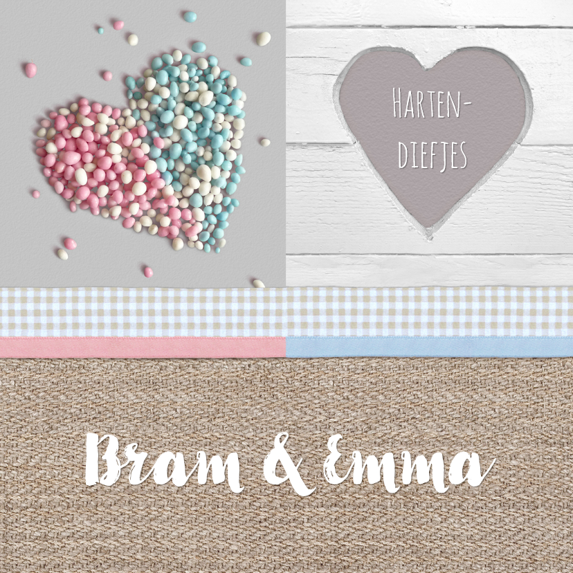 Tweeling muizenhart - jute & hout - Geboortekaartjes Geboortekaartjes - Tweeling muizenhart - jute & hout