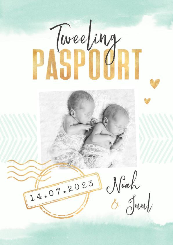 Geboortekaartjes - Tweeling paspoort geboortekaartje unisex waterverf goud