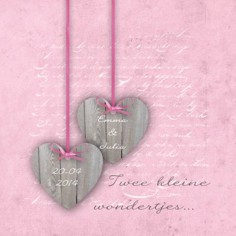 Tweeling Two Hearts Roze - Geboortekaartjes Geboortekaartjes - Tweeling Two Hearts Roze