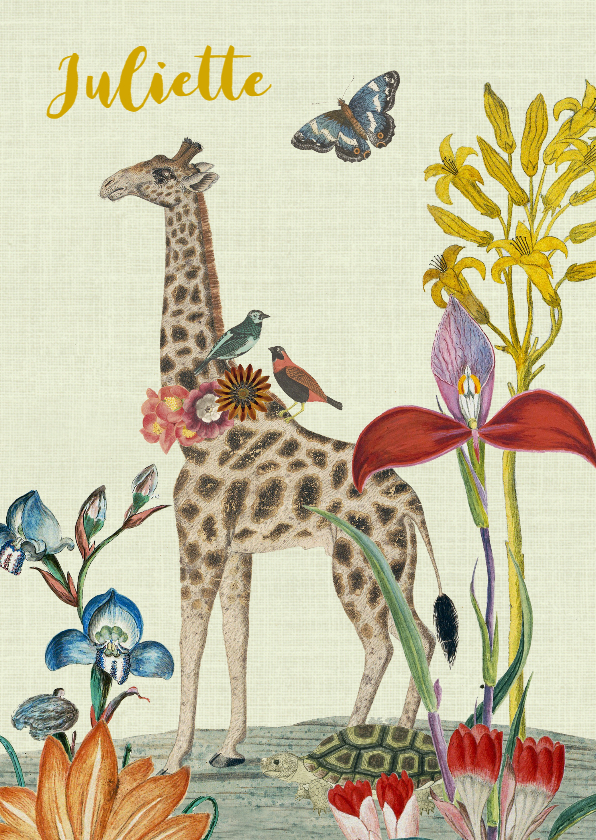 Vintage geboortekaartje met giraffe en bloemen - Geboortekaartjes Geboortekaartjes - Vintage geboortekaartje met giraffe en bloemen