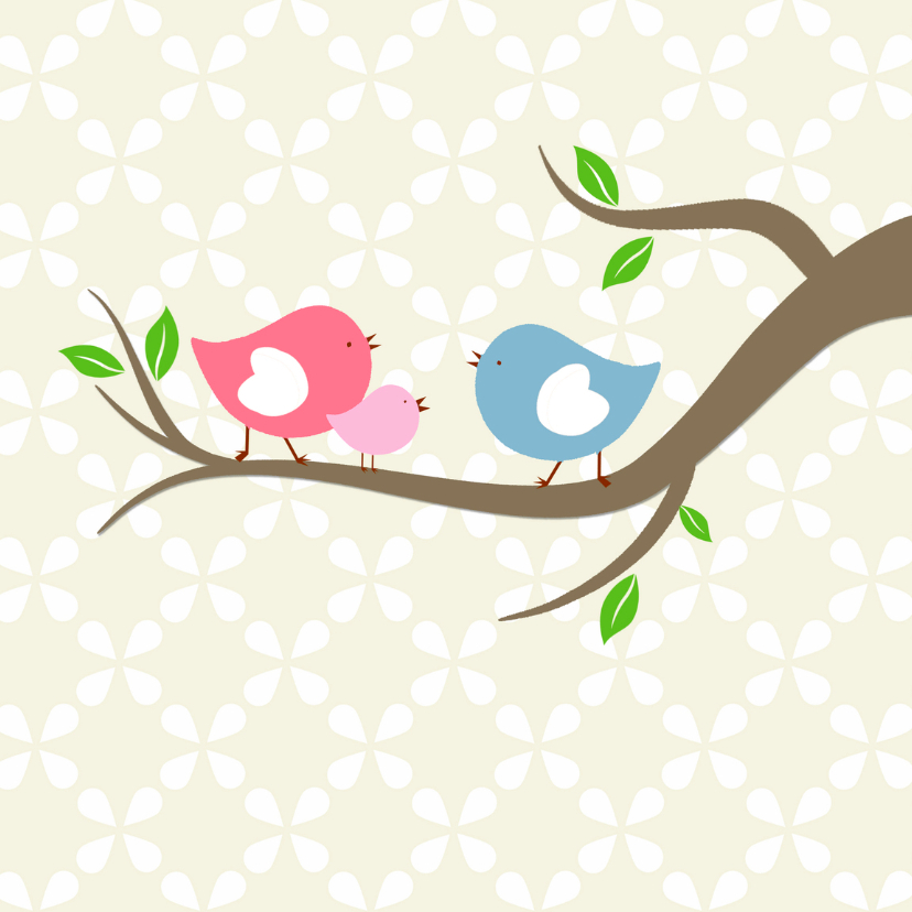 Vogeltjes met baby-vogel roze - Geboortekaartjes Geboortekaartjes - Vogeltjes met baby-vogel roze