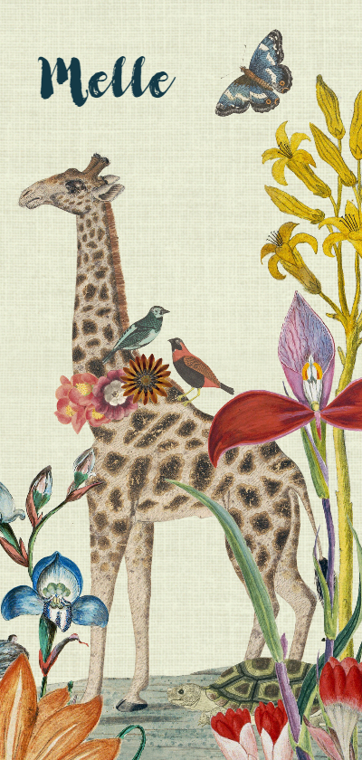 Vrolijk geboortekaartje met giraffe en vintage bloemen - Geboortekaartjes Geboortekaartjes - Vrolijk geboortekaartje met giraffe en vintage bloemen