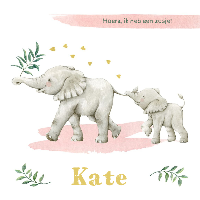 Geboortekaartjes - Vrolijke olifantjes op botanisch geboortekaartje zusje