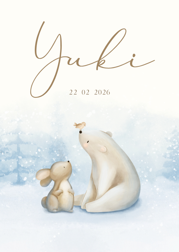 Geboortekaartjes - Winters geboortekaartje met een konijn ijsbeer en vogeltje
