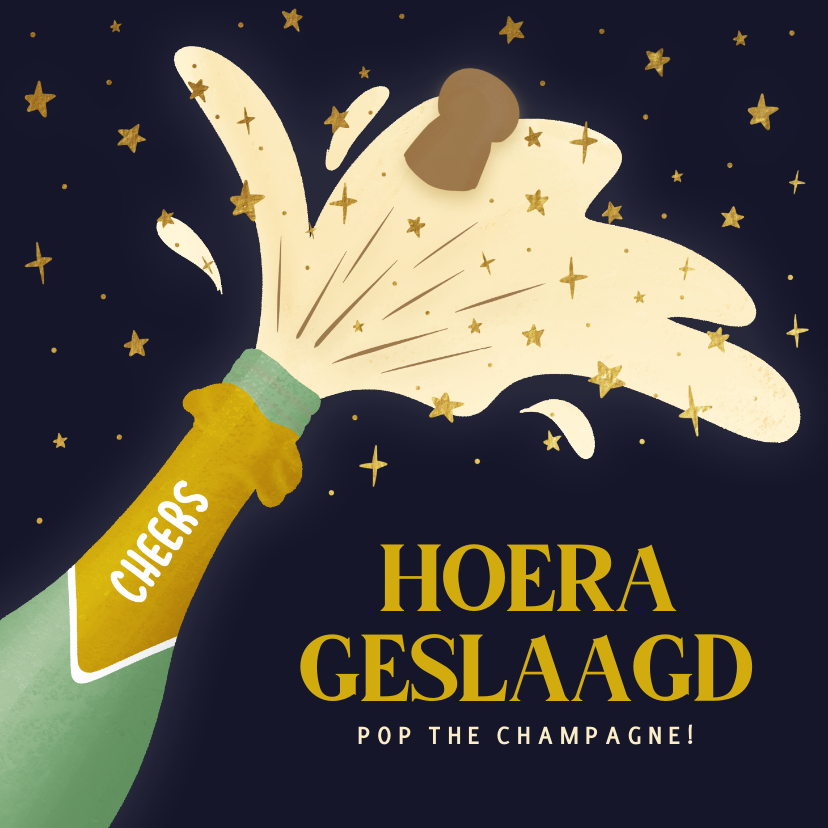 Geslaagd kaarten - Donker geslaagdkaartje met champagnefles cheers