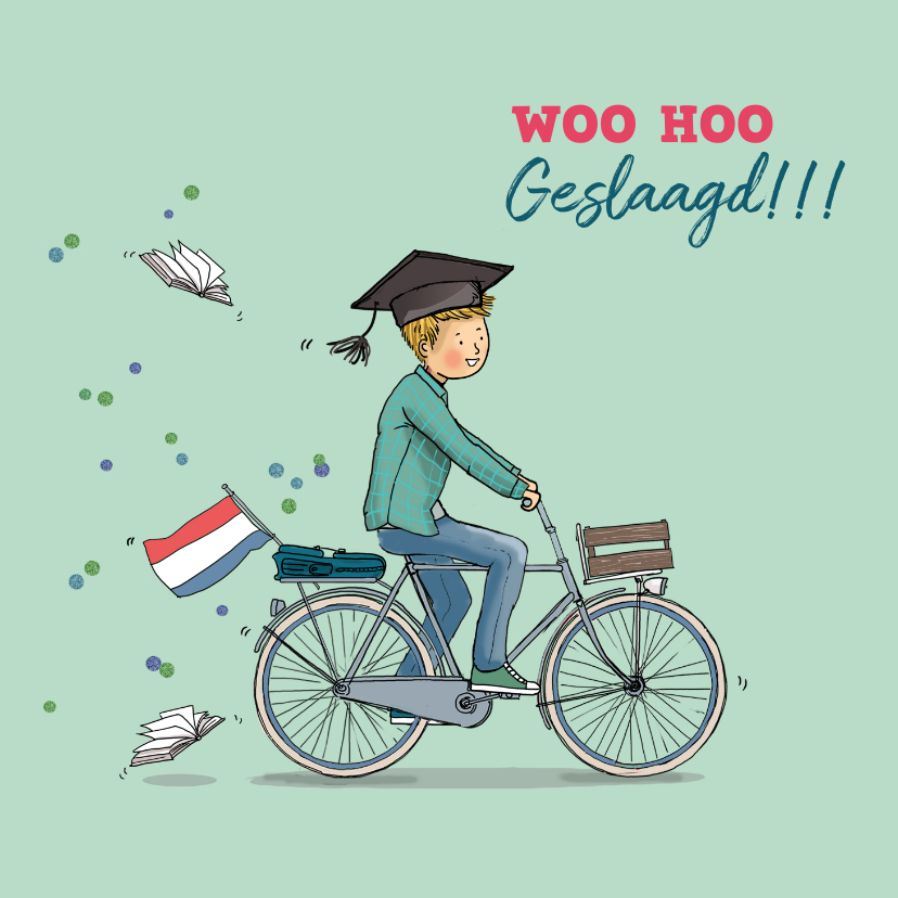 Felicitatiekaart geslaagd jongen op fiets - Geslaagd kaarten Geslaagd kaarten - Felicitatiekaart geslaagd jongen op fiets