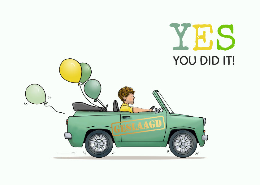 Geslaagd kaarten - Felicitatiekaart geslaagd kleine auto groen