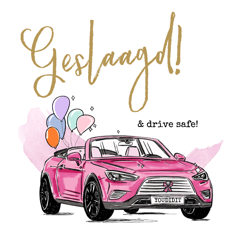 Geslaagd kaarten - Felicitatiekaart geslaagd rijbewijs met roze auto
