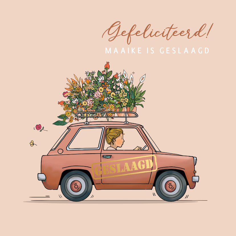 Geslaagd kaarten - Felicitatiekaart kleine auto oranjerood 